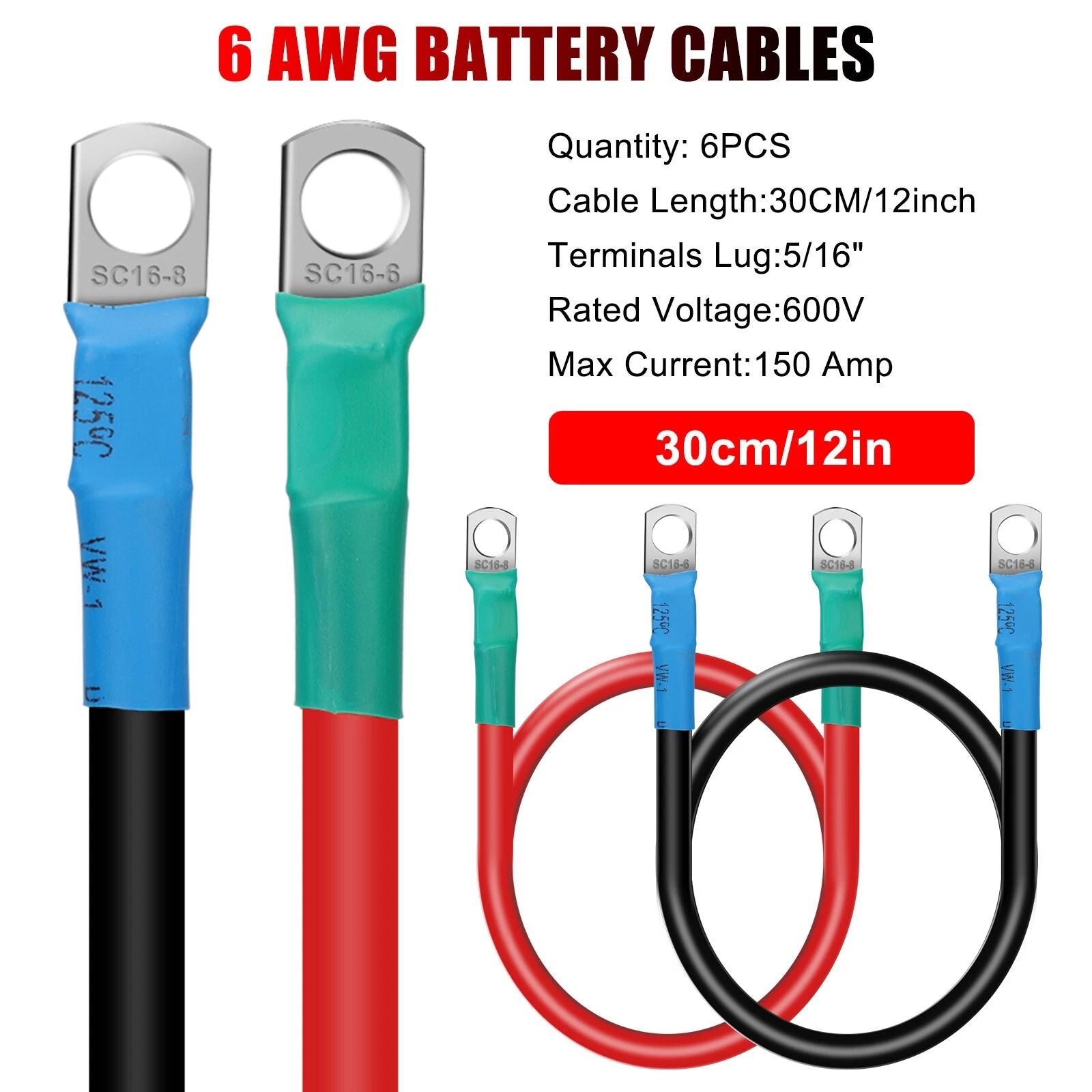 6 AWG Marine Battery Cables 12V 30CM with 516 Tinned Copper Lugs