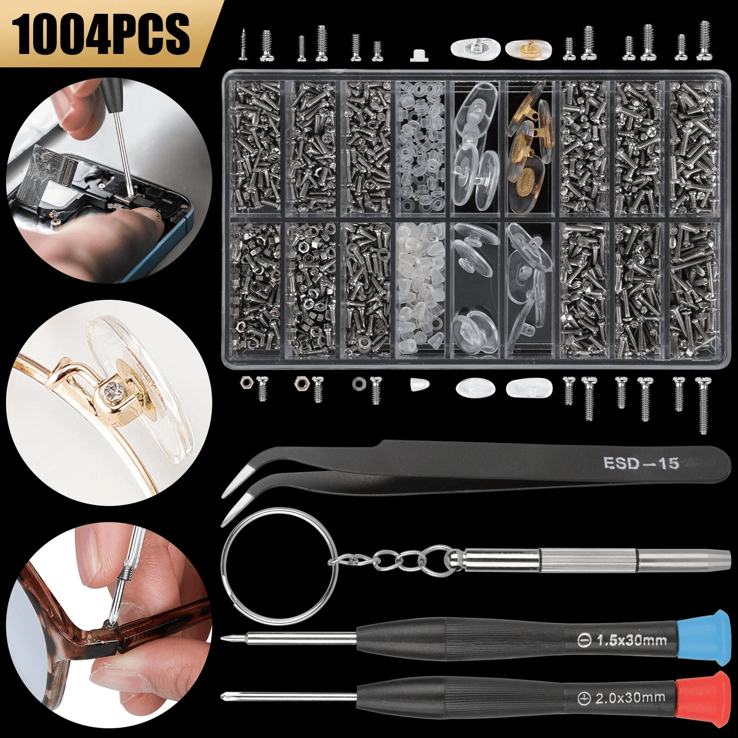 Eyeglass Screws and Nut Nose Pads Repair Kit, 1000pcs Optical Repair Tool Kit with Screwdrivers, Tweezers & Storage Case