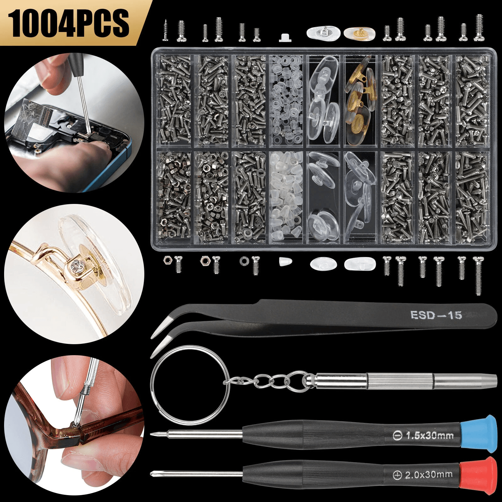 Eyeglass Screws and Nut Nose Pads Repair Kit, 1000pcs Optical Repair Tool Kit with Screwdrivers, Tweezers & Storage Case