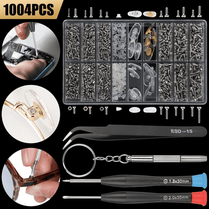 Eyeglass Screws and Nut Nose Pads Repair Kit, 1000pcs Optical Repair Tool Kit with Screwdrivers, Tweezers & Storage Case
