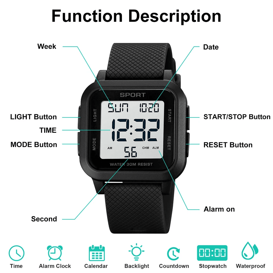 Fashion Mens Sports Watch LED Large Digital Waterproof Wristwatch For Outdoor  Casual Use 2