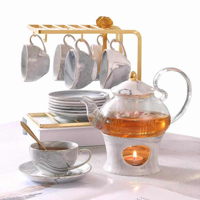 Elegant Handcrafted Tea Set – 21 Pcs Gray Marble Porcelain Set for Kids & Adults