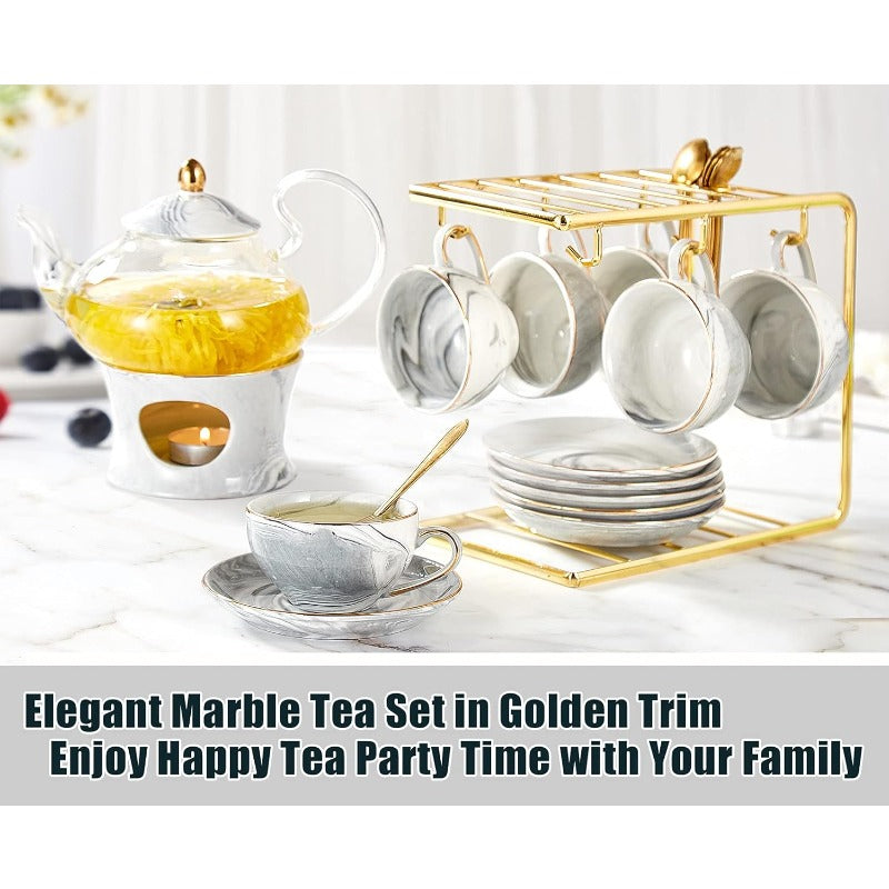 Elegant Handcrafted Tea Set  21 Pcs Gray Marble Porcelain Set For Kids  Adults 2