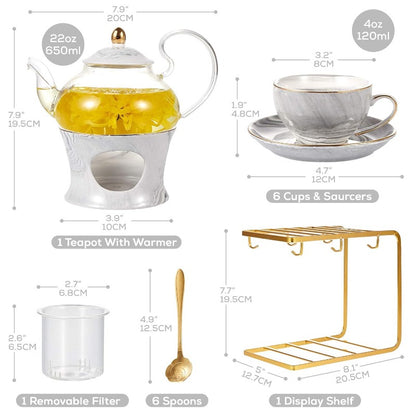 Elegant Handcrafted Tea Set  21 Pcs Gray Marble Porcelain Set For Kids  Adults 3