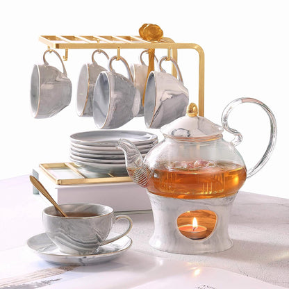 Elegant Handcrafted Tea Set  21 Pcs Gray Marble Porcelain Set For Kids  Adults 6