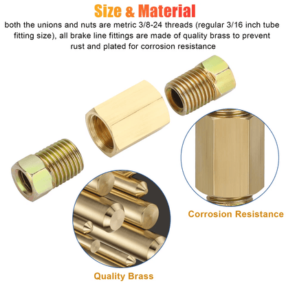 Brake Line Fittings  Brass Unions Set For Tubing Inverted Flare Nuts Compatible With Double Flare B 4