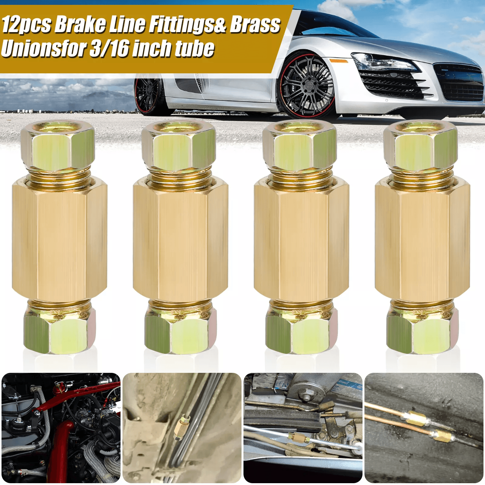 Brake Line Fittings & Brass Unions Set for Tubing, Inverted Flare Nuts Compatible with Double Flare Brake Line Repairs
