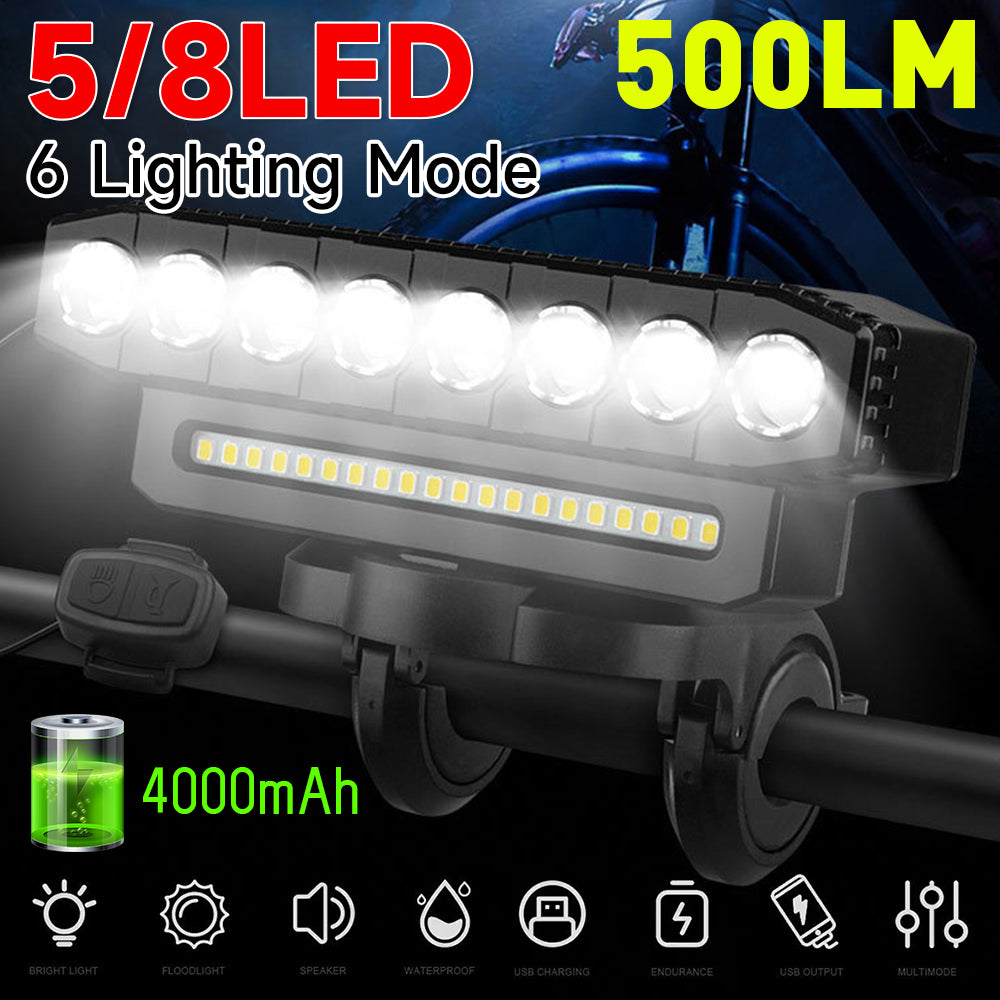 LED Bike Front Light, 8 LED Bicycle Headlight, USB Charging, 6 Lighting Modes, Driving Fog Lamp
