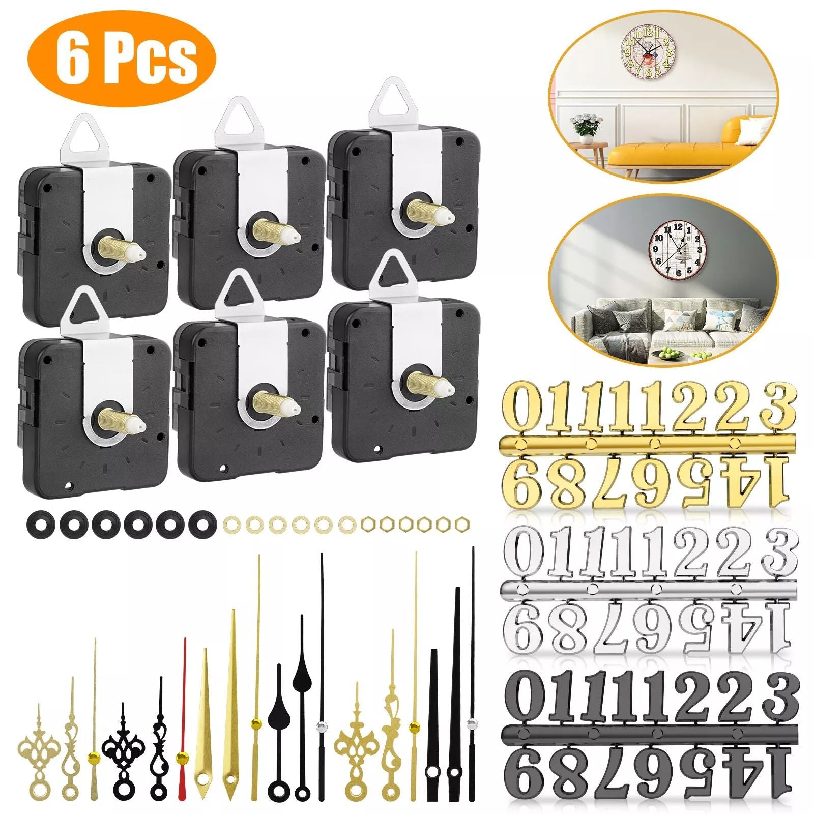 6-Set Quartz Wall Clock Movement Mechanism DIY Kit with Replacement Hands – Repair Tool Kit