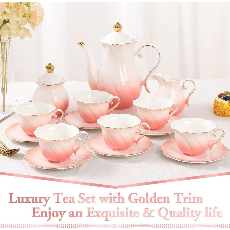 22Piece Porcelain Tea Set For 6  Luxury British Style Tea  Coffee Cups With Golden Trim 1