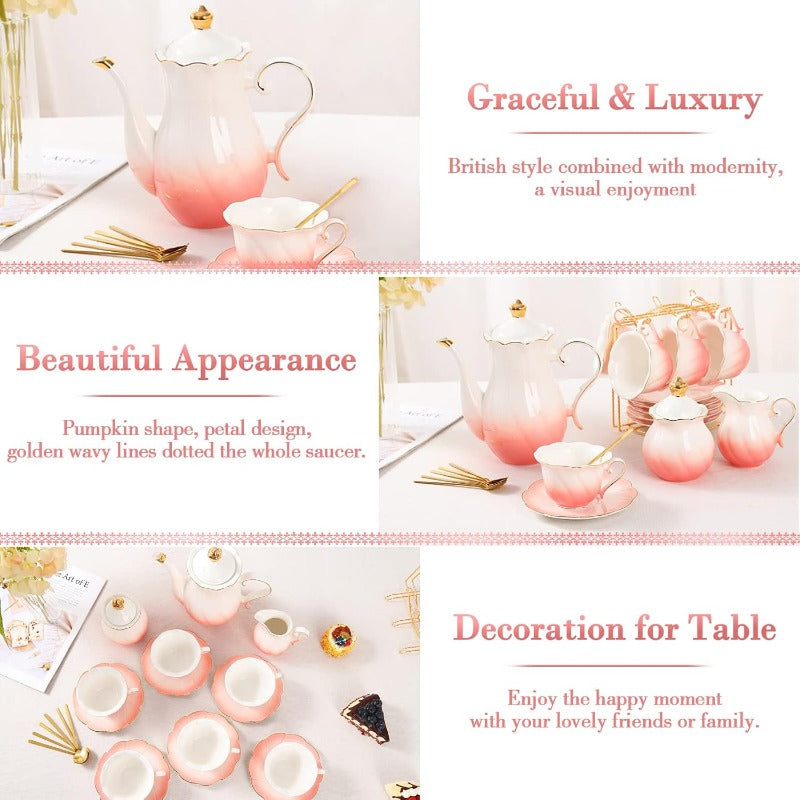 22Piece Porcelain Tea Set For 6  Luxury British Style Tea  Coffee Cups With Golden Trim 2