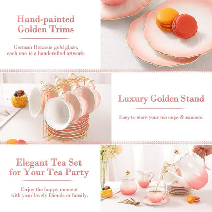 22Piece Porcelain Tea Set For 6  Luxury British Style Tea  Coffee Cups With Golden Trim 3