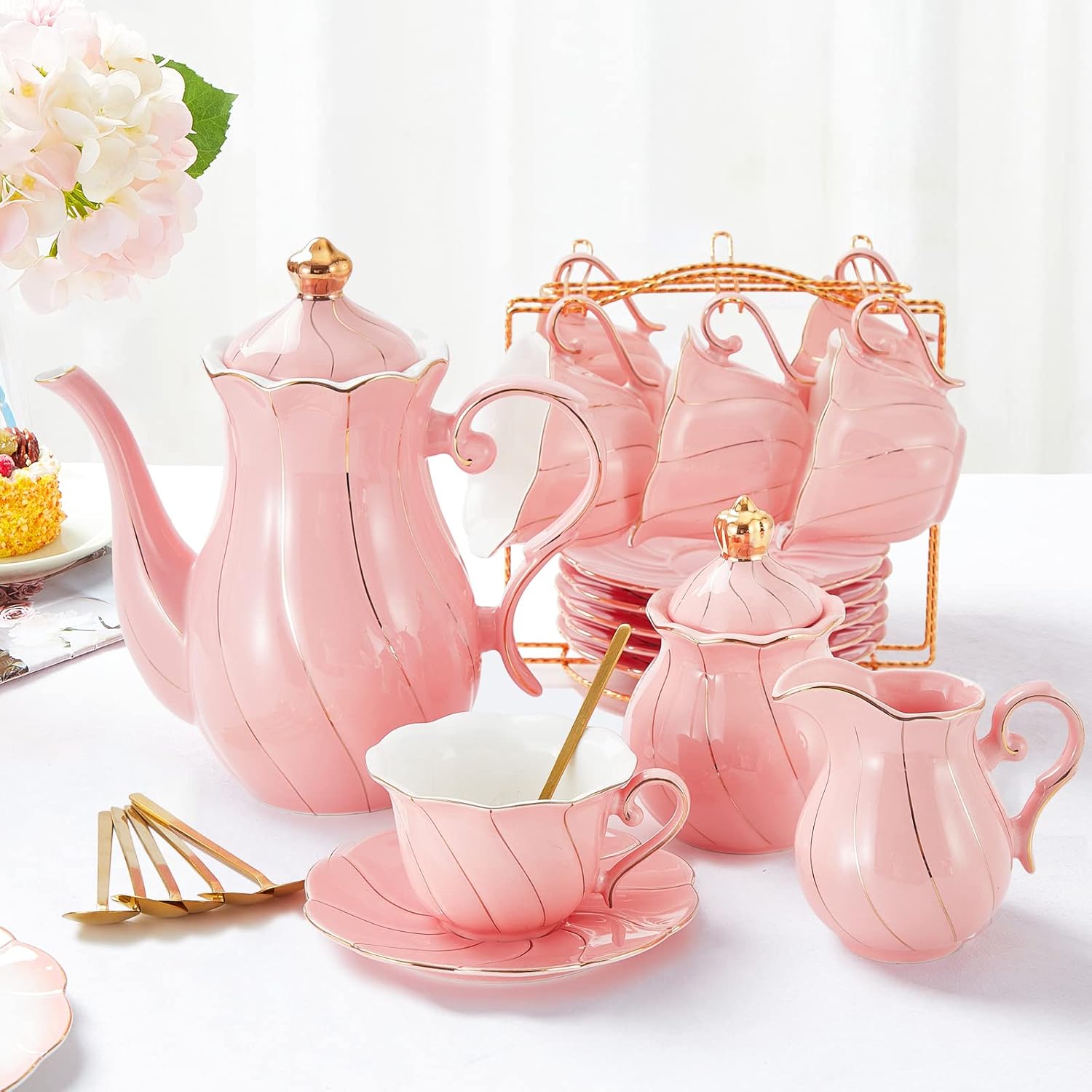 22Piece Porcelain Tea Set For 6  Luxury British Style Tea  Coffee Cups With Golden Trim 6