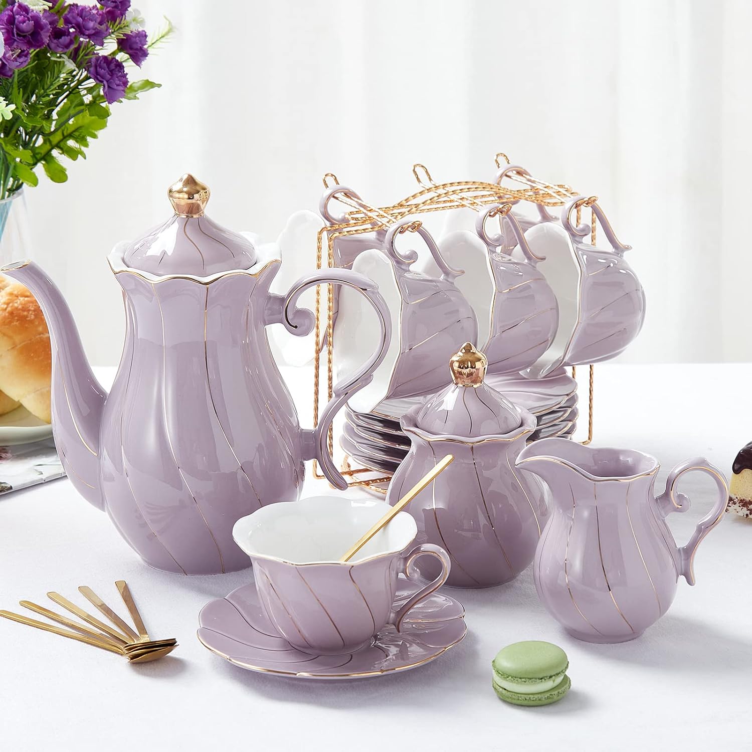 22Piece Porcelain Tea Set For 6  Luxury British Style Tea  Coffee Cups With Golden Trim 8