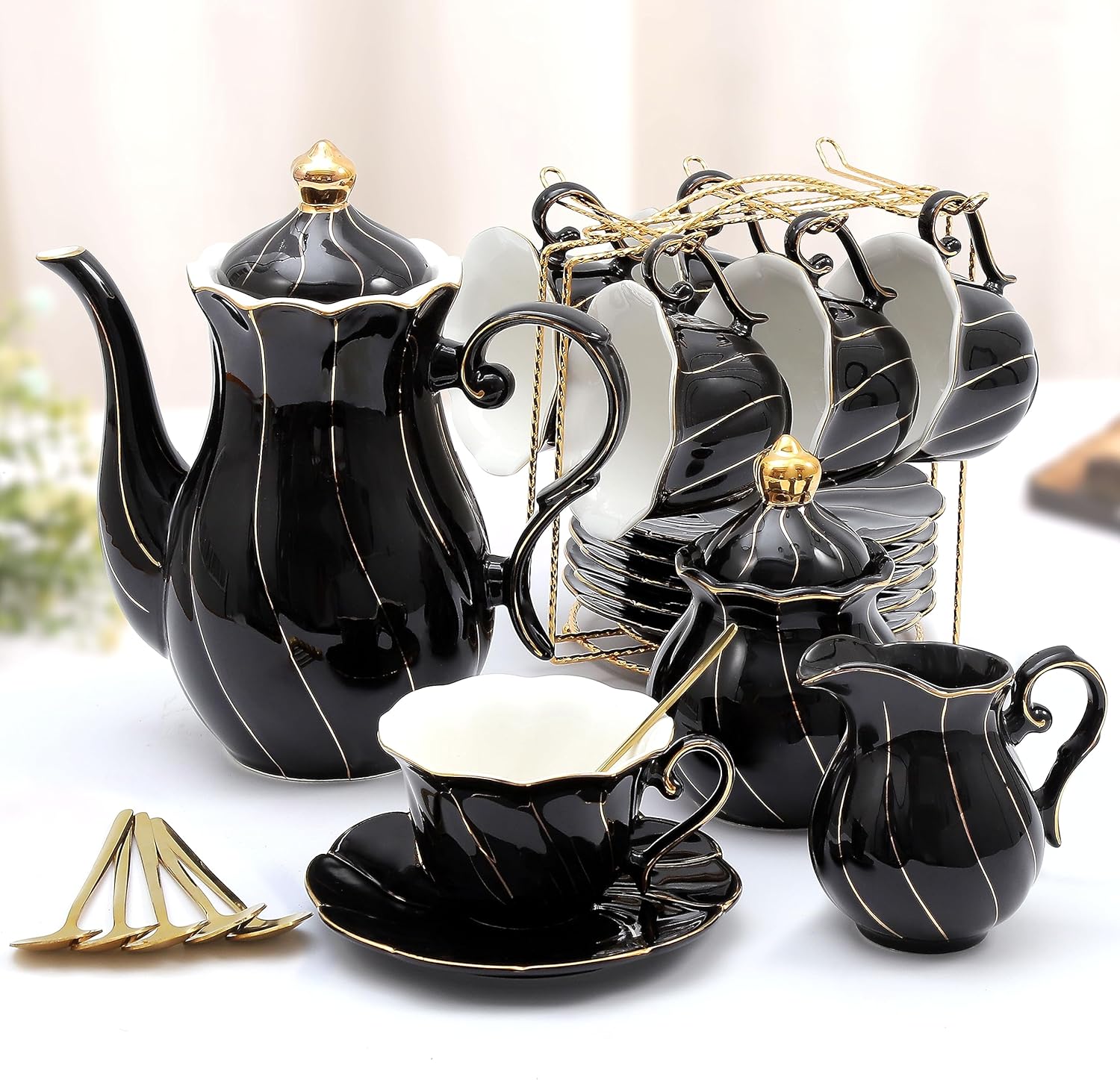 22Piece Porcelain Tea Set For 6  Luxury British Style Tea  Coffee Cups With Golden Trim 9
