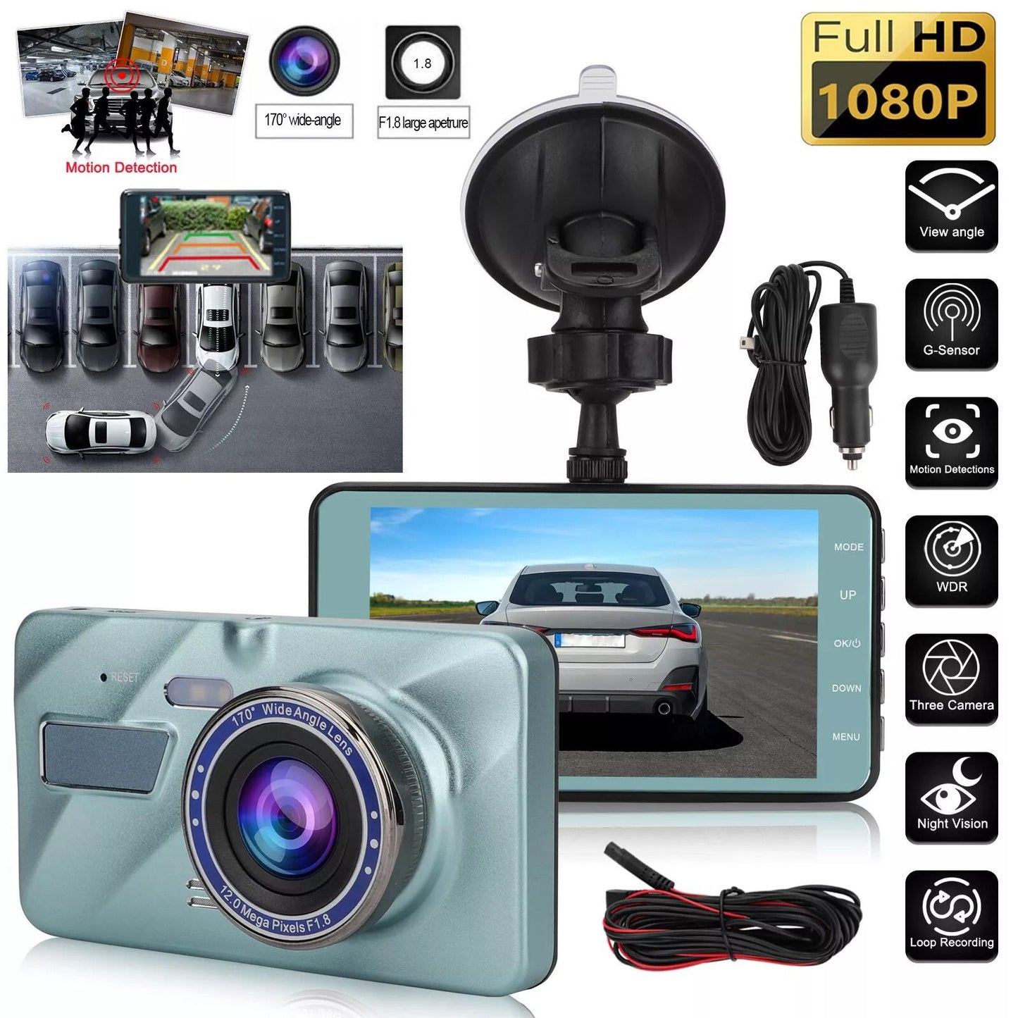 HD 1080P Dual Lens Dash Cam Front  Rear Car DVR Camera with GSensor Night Vision Loop Recording