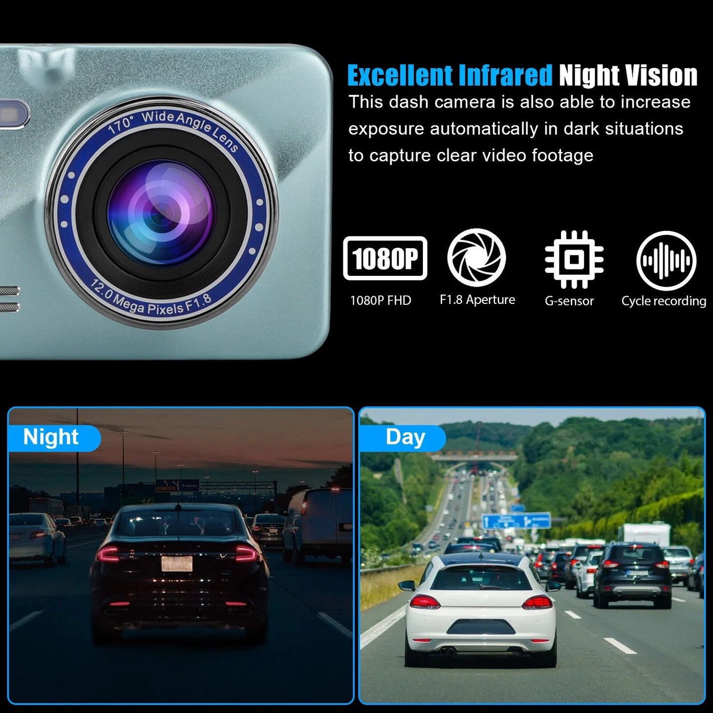 HD 1080P Dual Lens Dash Cam Front  Rear Car DVR Camera with GSensor Night Vision Loop Recording
