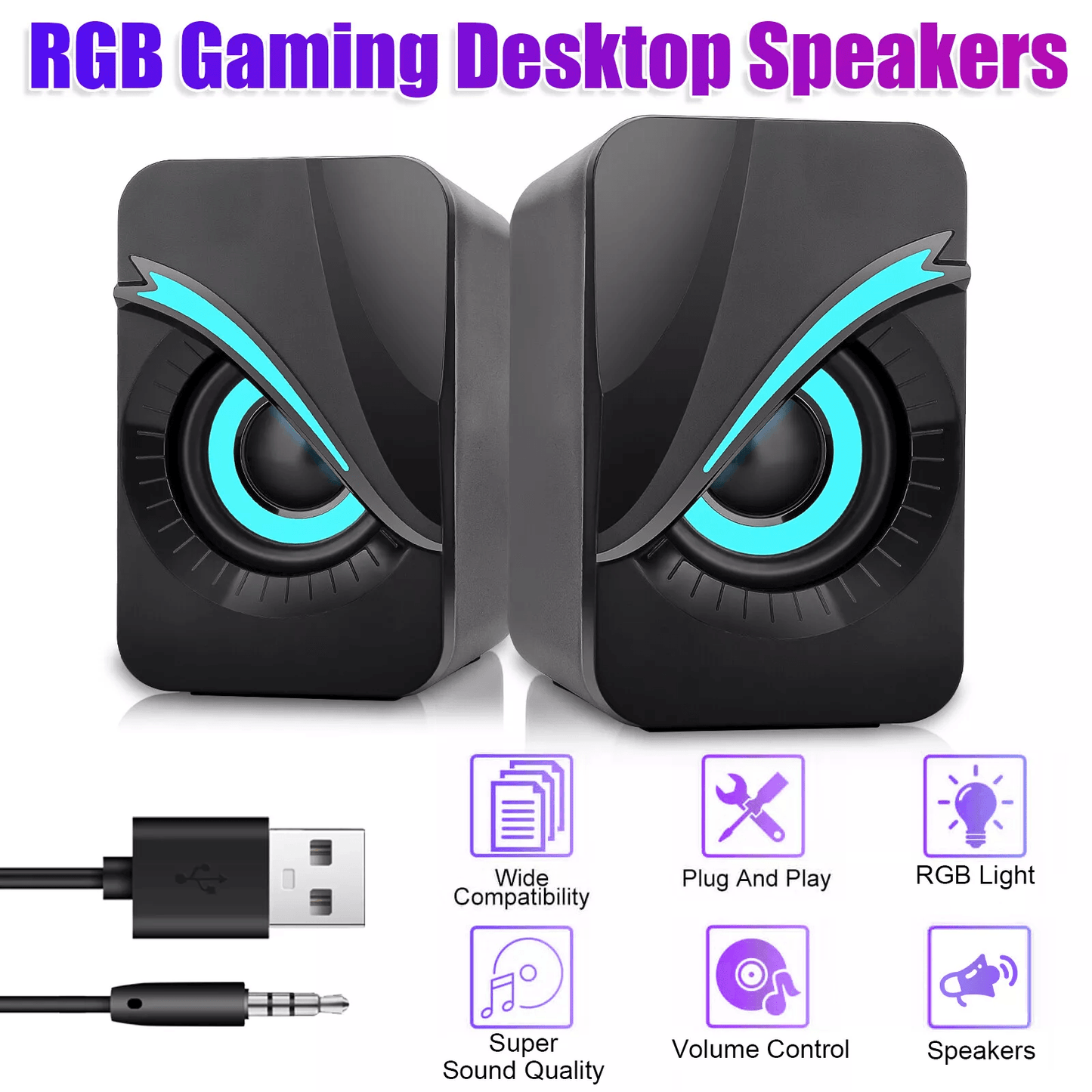 RGB LED Stereo Bass Sound Computer Speakers System USB Wired for Desktop PC Laptop