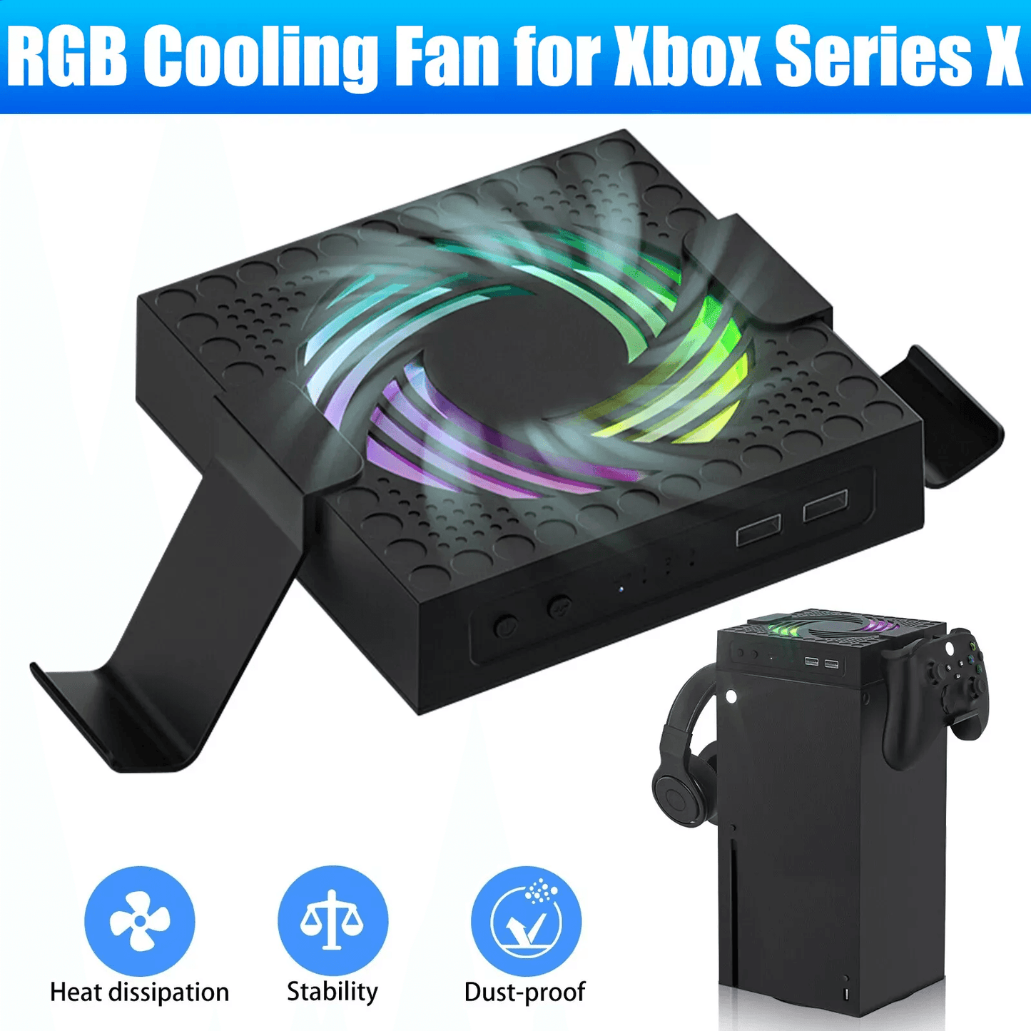 Xbox Series Cooling Fan Vertical Stand Cooler, Quiet Console Cooling System with USB Expansion and Headphone Game