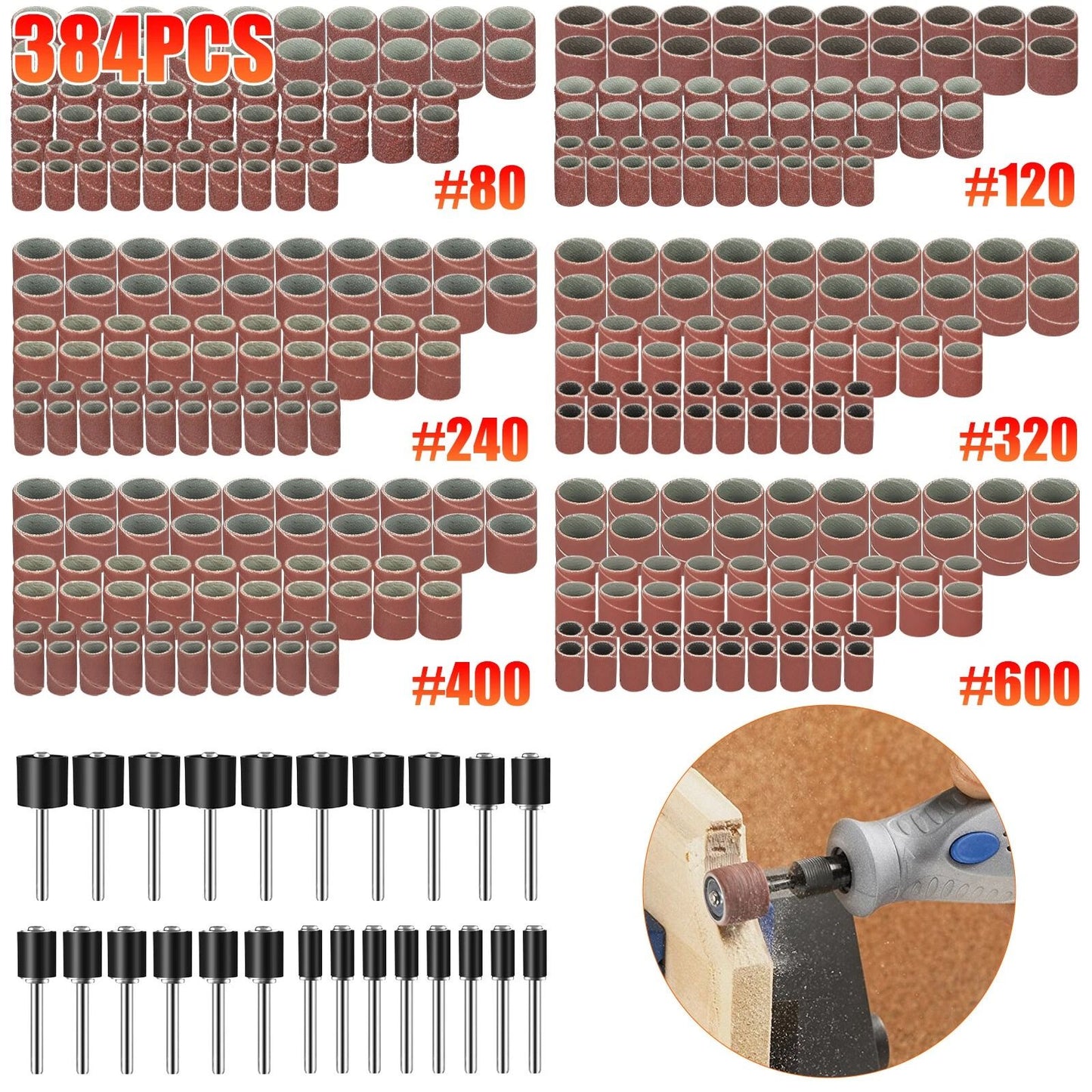 384Pcs Sanding Drum Kit Nail Sander Drill Bit Set For Dremel  Rotary Tools 7