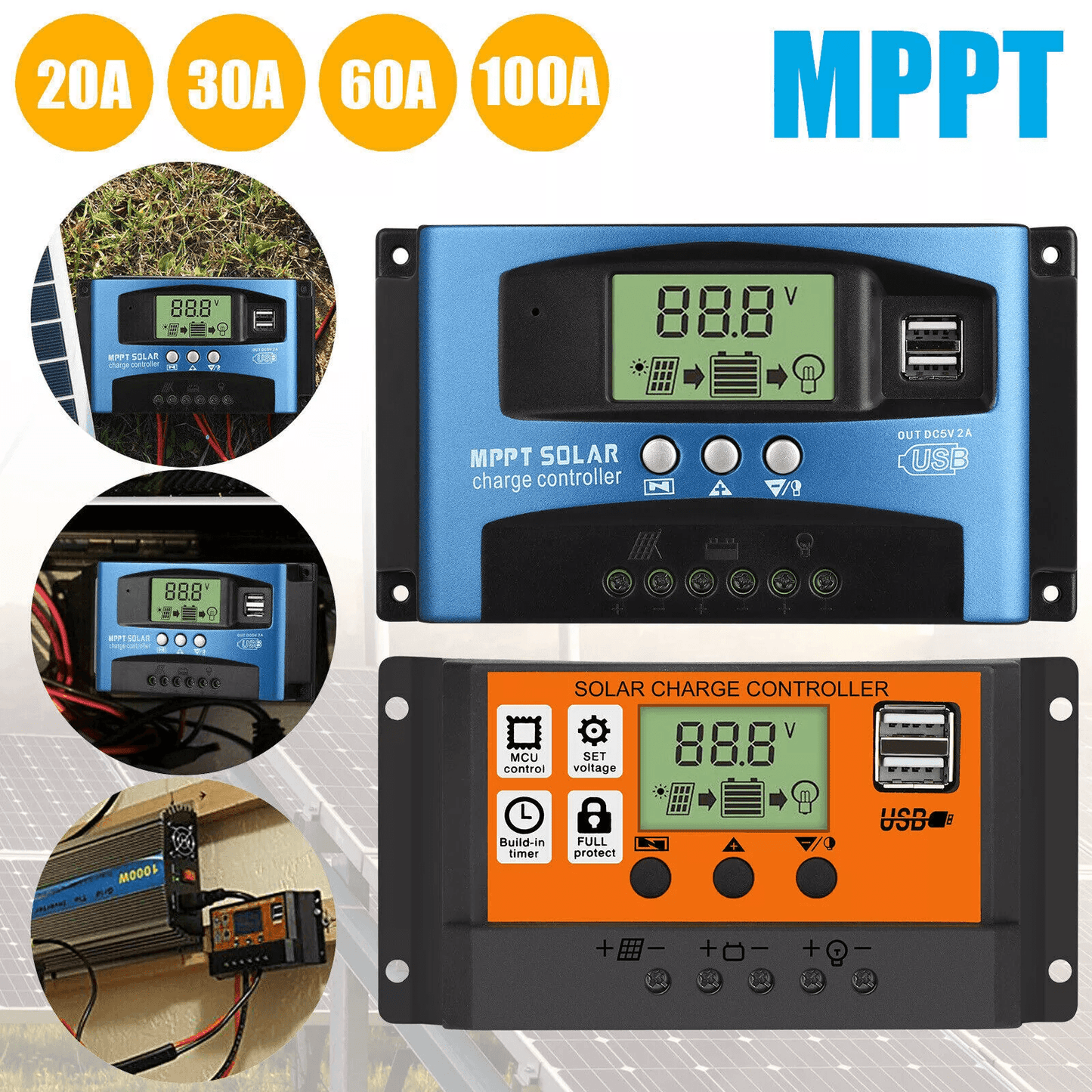 MPPT Solar Charge Controller, Auto Focus Tracking Regulator with LCD Display for Solar Panel System Battery Charging