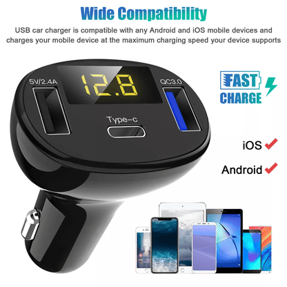 TypeC Safe Charger Adapter For Car USB Car Fast Charging Station With Digital Display Quick Charge  5