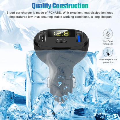 TypeC Safe Charger Adapter For Car USB Car Fast Charging Station With Digital Display Quick Charge  3