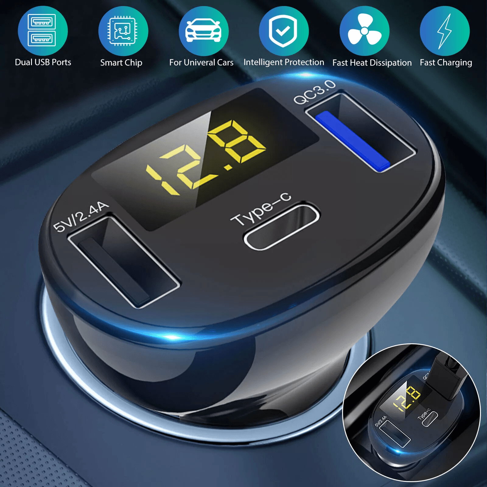 Type-C Safe Charger Adapter for Car, USB Car Fast Charging Station with Digital Display, Quick Charge & Smart Detect