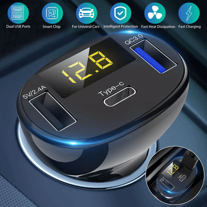 Type-C Safe Charger Adapter for Car, USB Car Fast Charging Station with Digital Display, Quick Charge & Smart Detect
