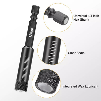 Diamond Hole Saw Set For Porcelain  Tile Vacuum Brazed Hex Shank Core Drill Bits DryWet Use 5