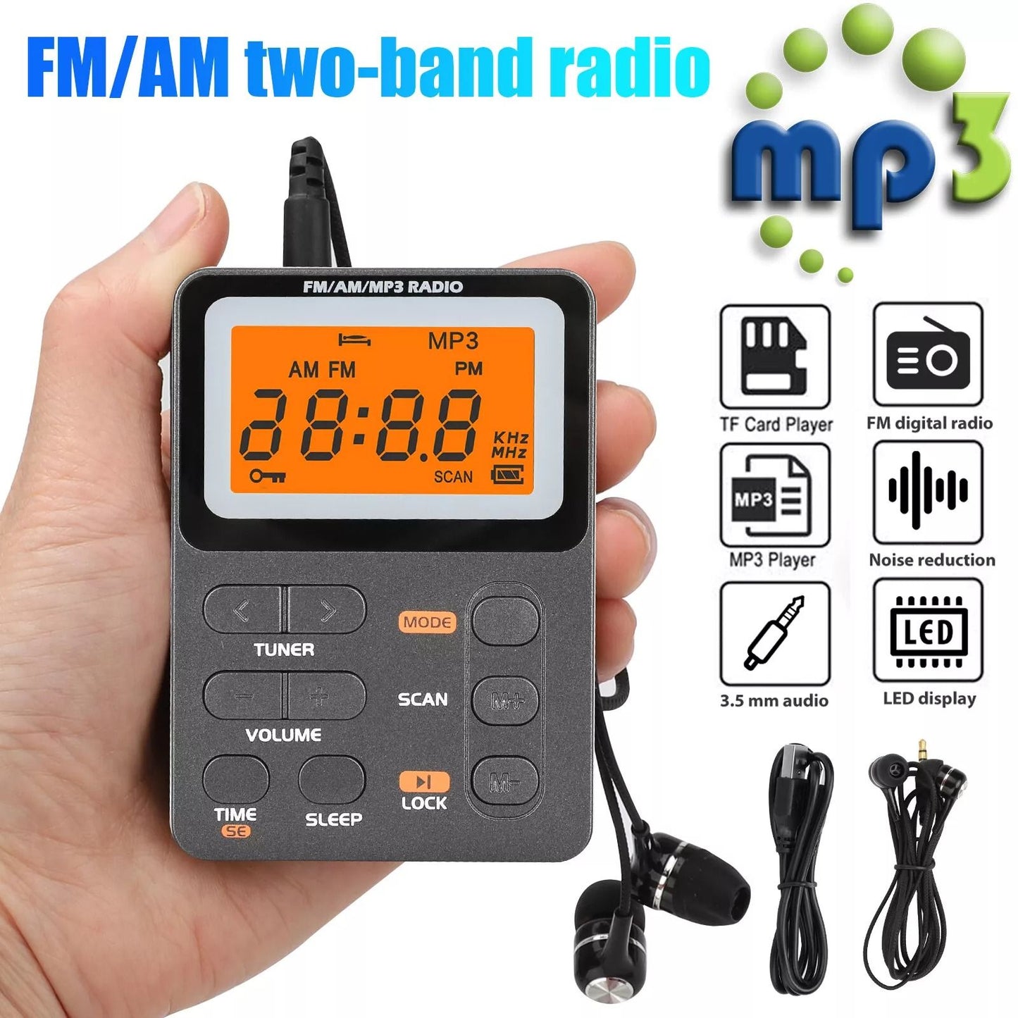 Portable Music Player With FM Radio  MP3 Playback Rechargeable Compact  Memory Card Slot 3