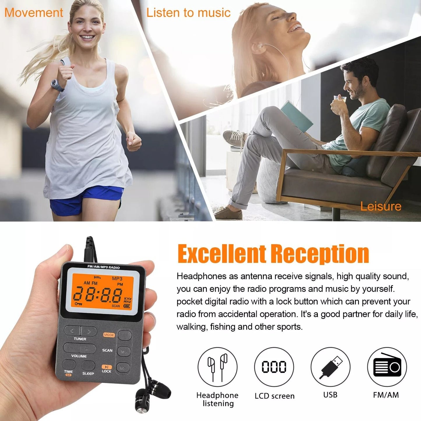 Portable Music Player With FM Radio  MP3 Playback Rechargeable Compact  Memory Card Slot 4
