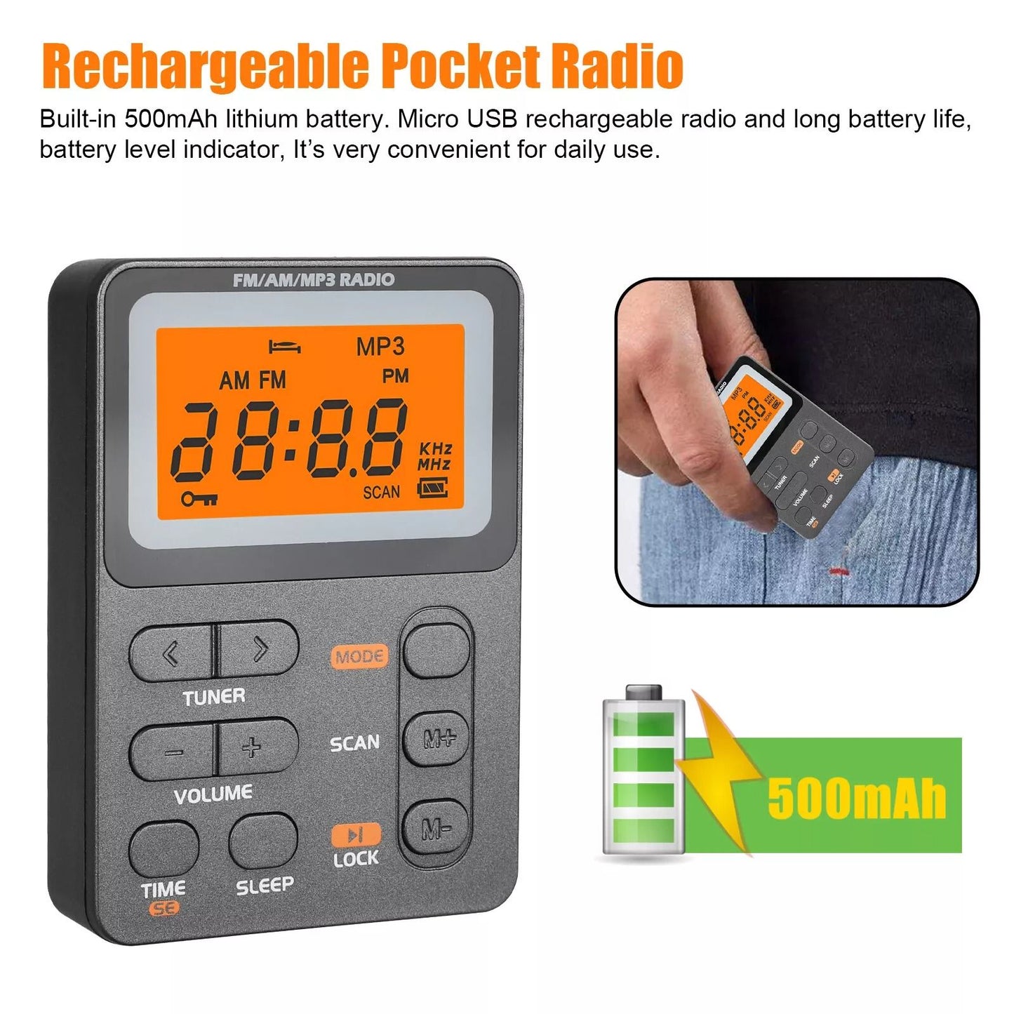 Portable Music Player With FM Radio  MP3 Playback Rechargeable Compact  Memory Card Slot 2