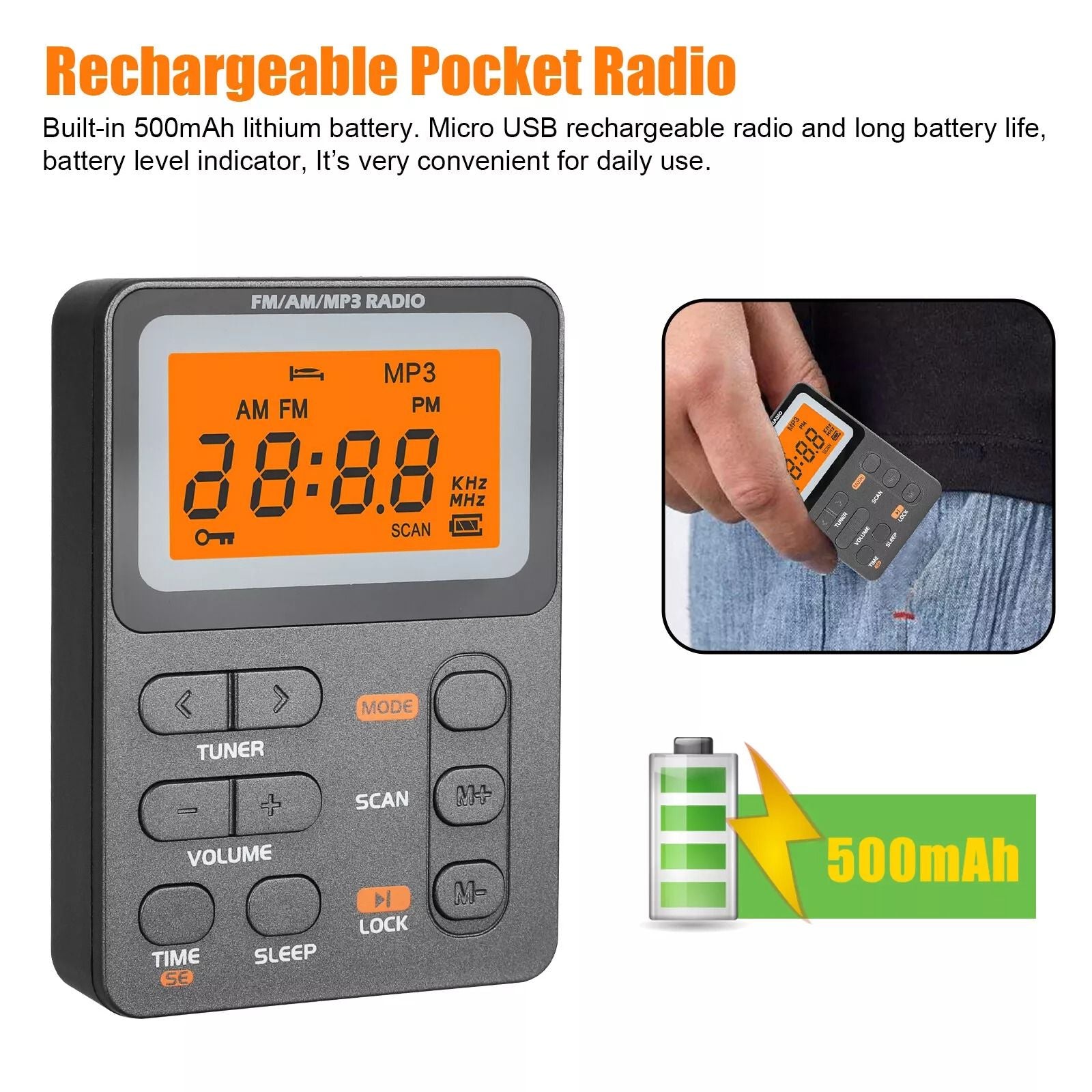 Portable Music Player With FM Radio  MP3 Playback Rechargeable Compact  Memory Card Slot 2