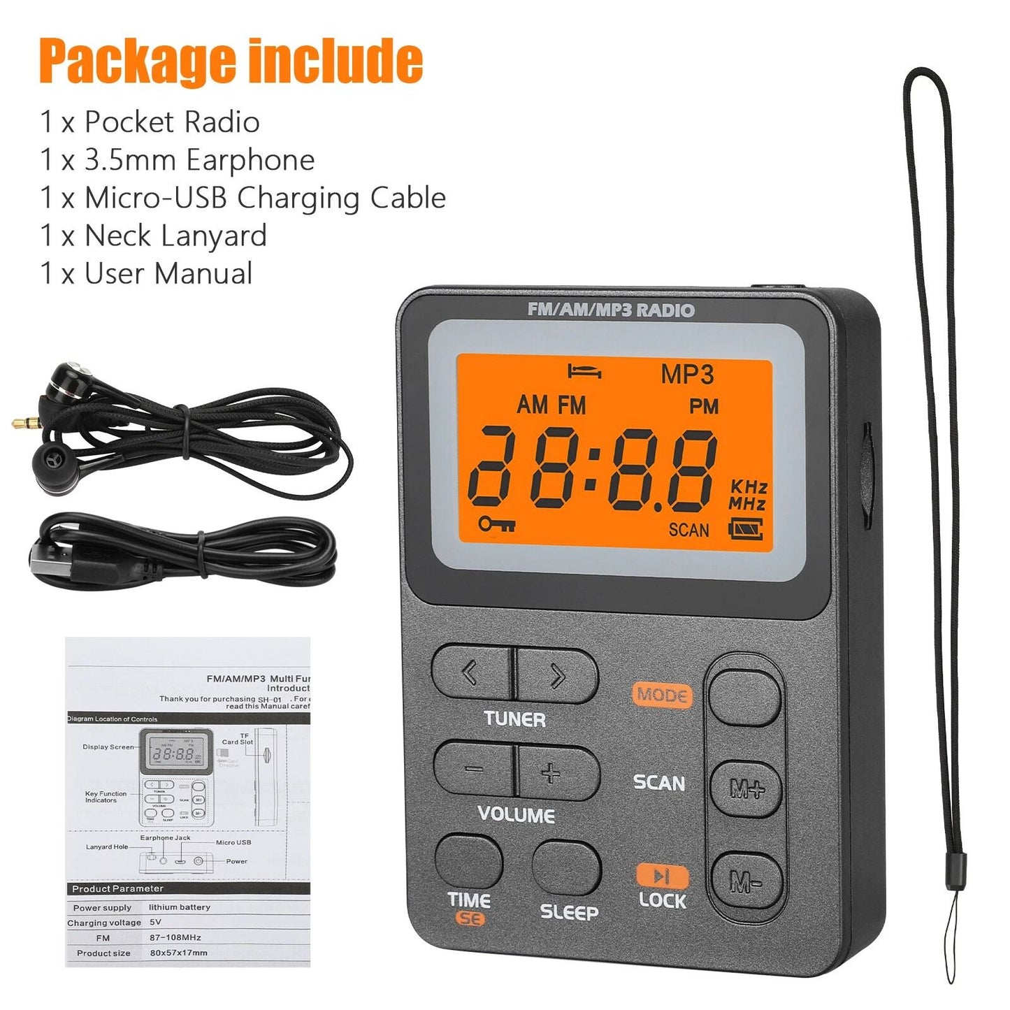 Portable Music Player With FM Radio  MP3 Playback Rechargeable Compact  Memory Card Slot 6