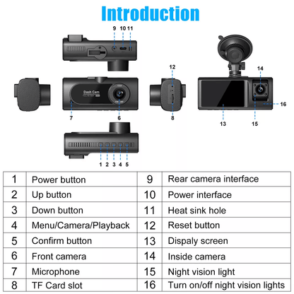 HD 1080P Car Dash Camera With Night Vision Front Rear Inside DVR 5