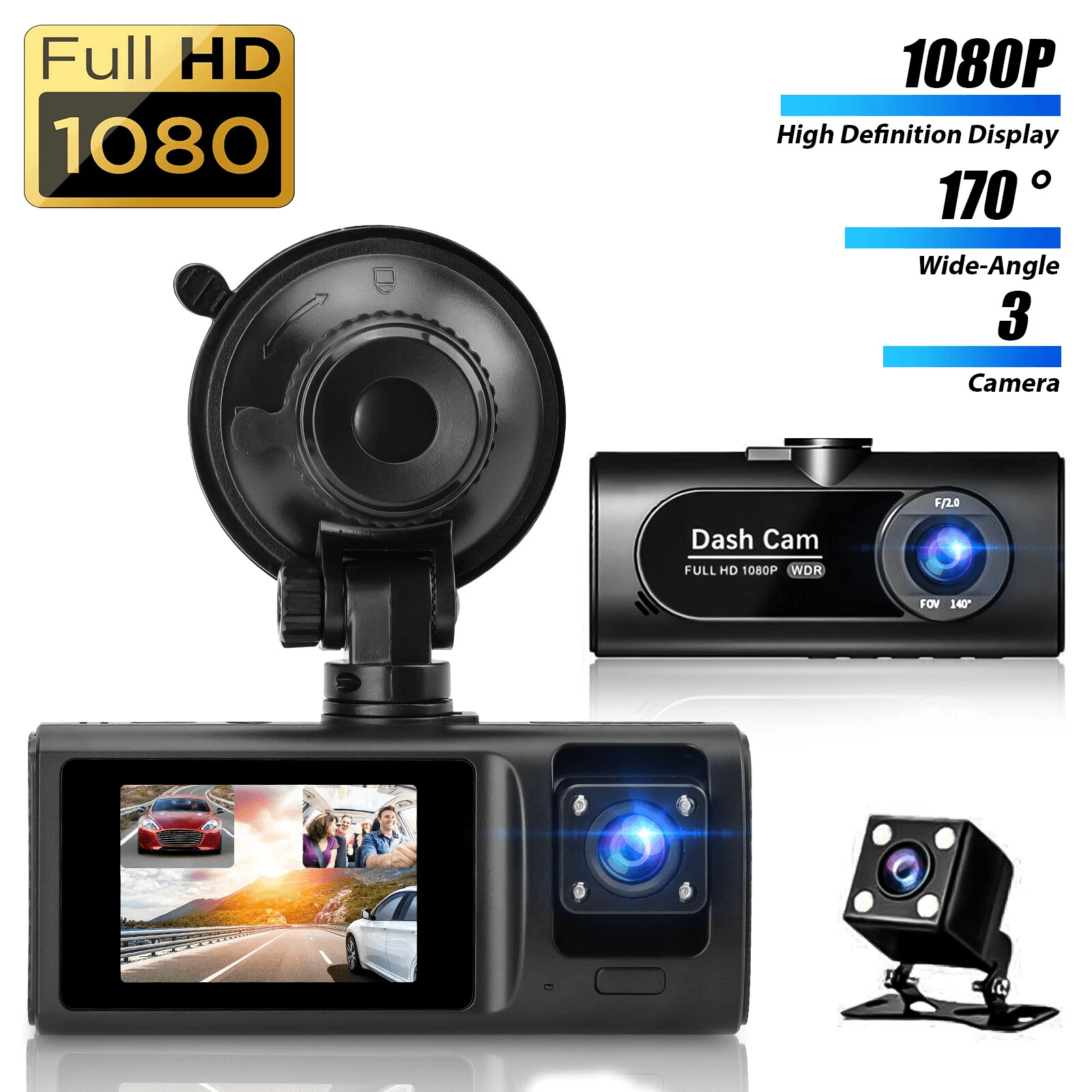HD 1080P Car Dash Camera with Night Vision, Front Rear Inside DVR