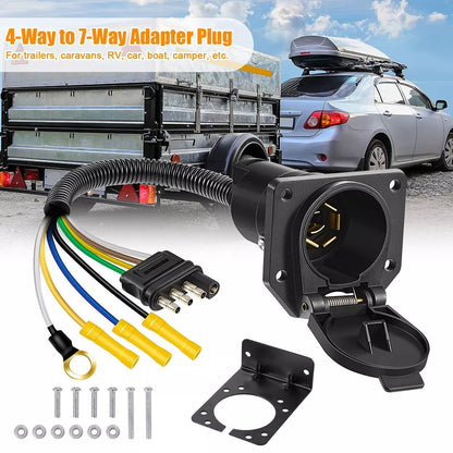 4 Pin Flat To 7 Way RV Trailer Adapter  Heavy Duty Truck Wiring Plug With Mounting Bracket 7