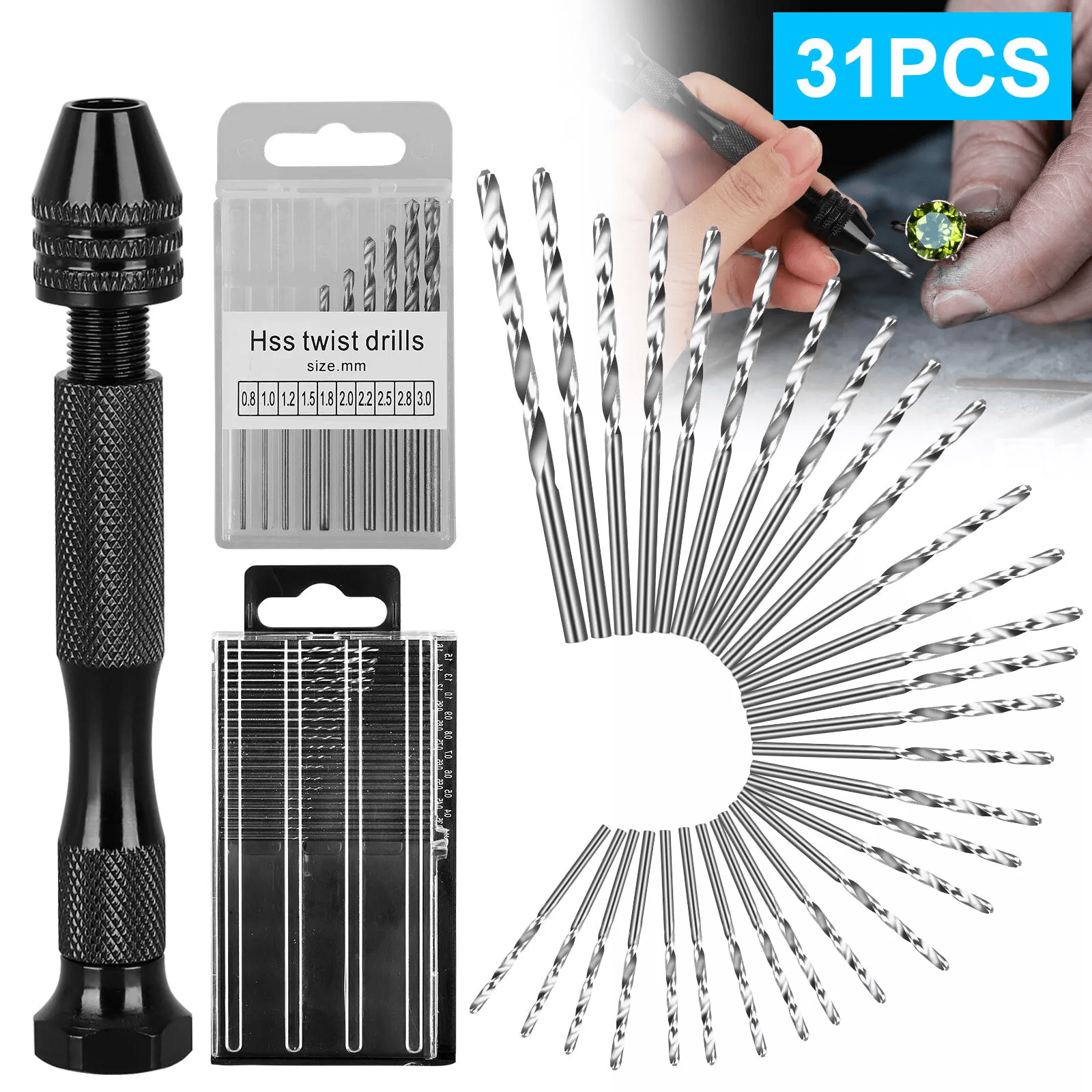 Mini Micro Hand Drill Bits Set with Manual Pin Vise for DIY Craft Wood Jewelry