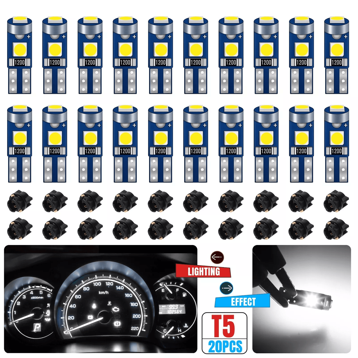 W3W LED Instrument Panel Cluster Dash Gauge Light Bulbs with Sockets, White 3030 SMD Interior Lights for Car Dashb