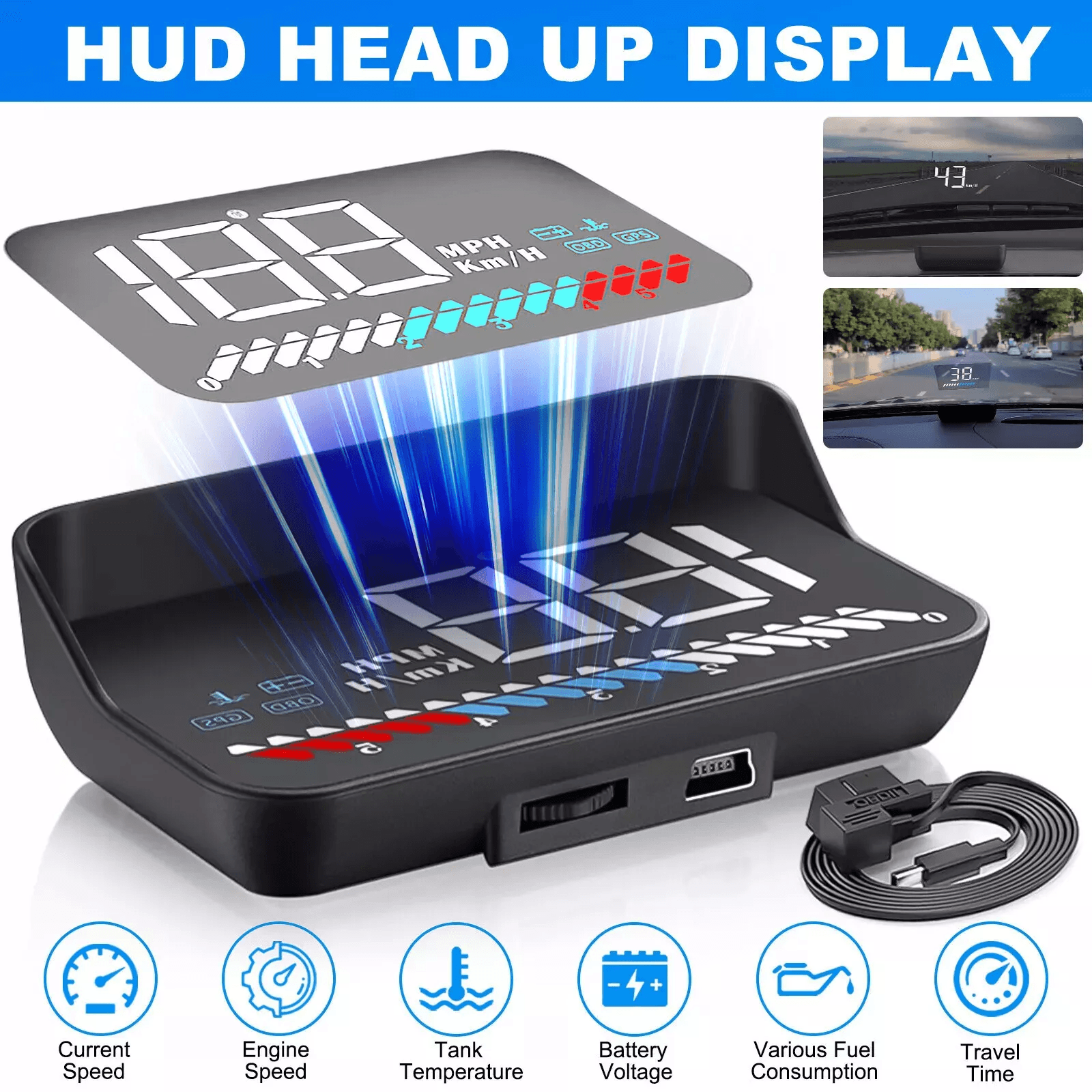 Car Head Up Display Digital Gauge with GPS Speedometer, OBD2 Warning Alarm Meter