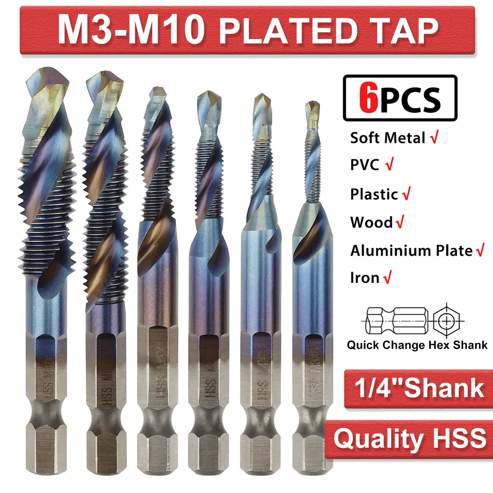 HSS Hex Shank Screw Thread Tap Drill Bit Combination Set M3M10 Titanium Coated For Metalworking 1