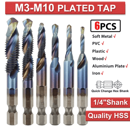 HSS Hex Shank Screw Thread Tap Drill Bit Combination Set M3M10 Titanium Coated For Metalworking 1