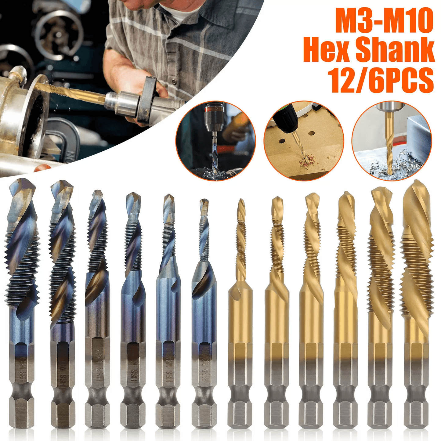 HSS Hex Shank Screw Thread Tap Drill Bit Combination Set M3-M10 Titanium Coated for Metalworking