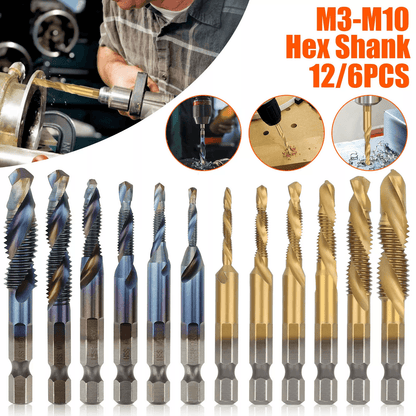 HSS Hex Shank Screw Thread Tap Drill Bit Combination Set M3-M10 Titanium Coated for Metalworking