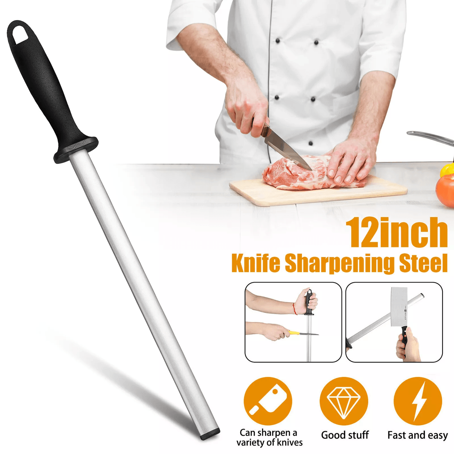 Diamond Knife Sharpener, Steel Honing Rod for Kitchen, Home & Hunting Blades