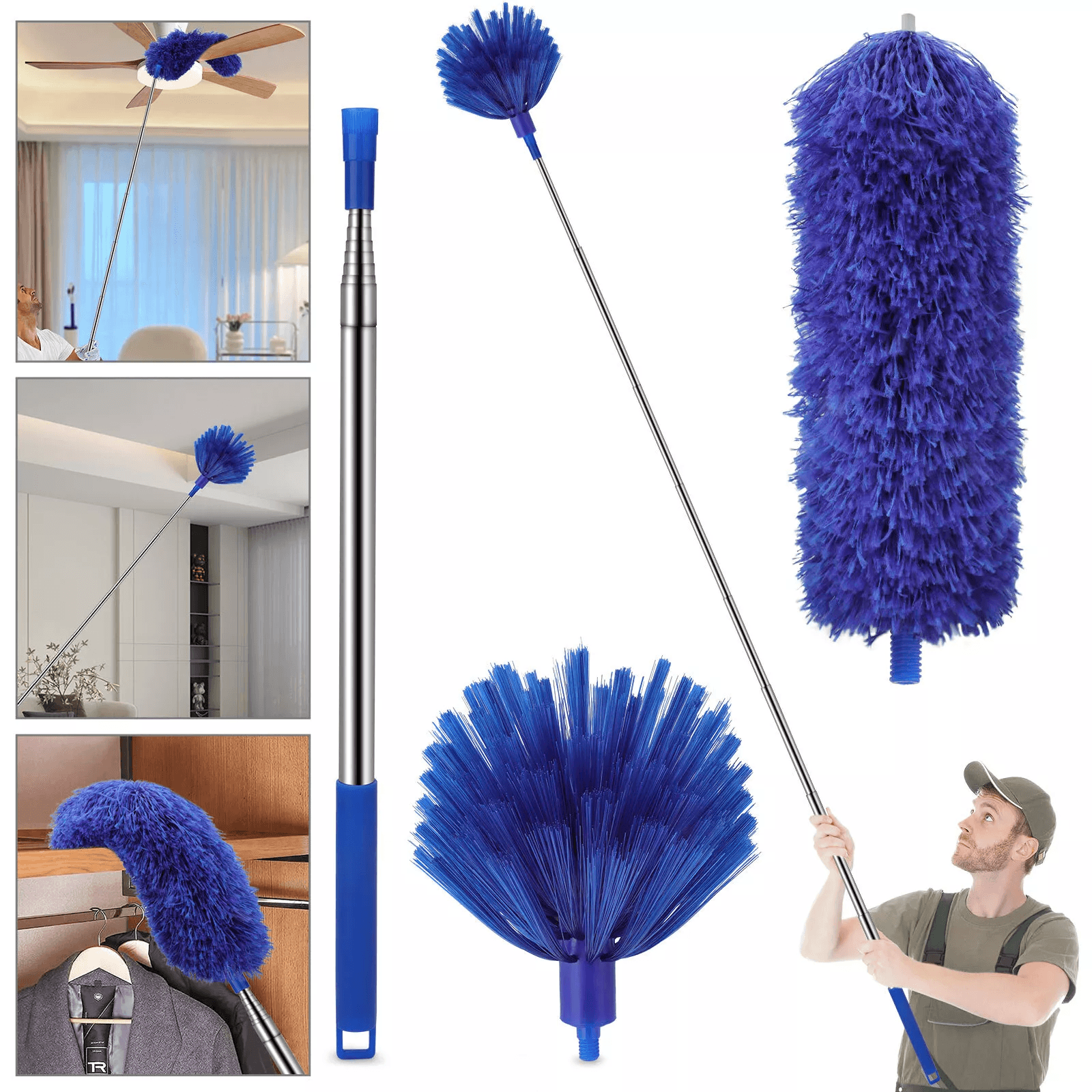 Microfiber & Cobweb Duster Cleaning Brush Kit with Extension Pole, Ceiling Fan Cleaner for High Reach Dusting