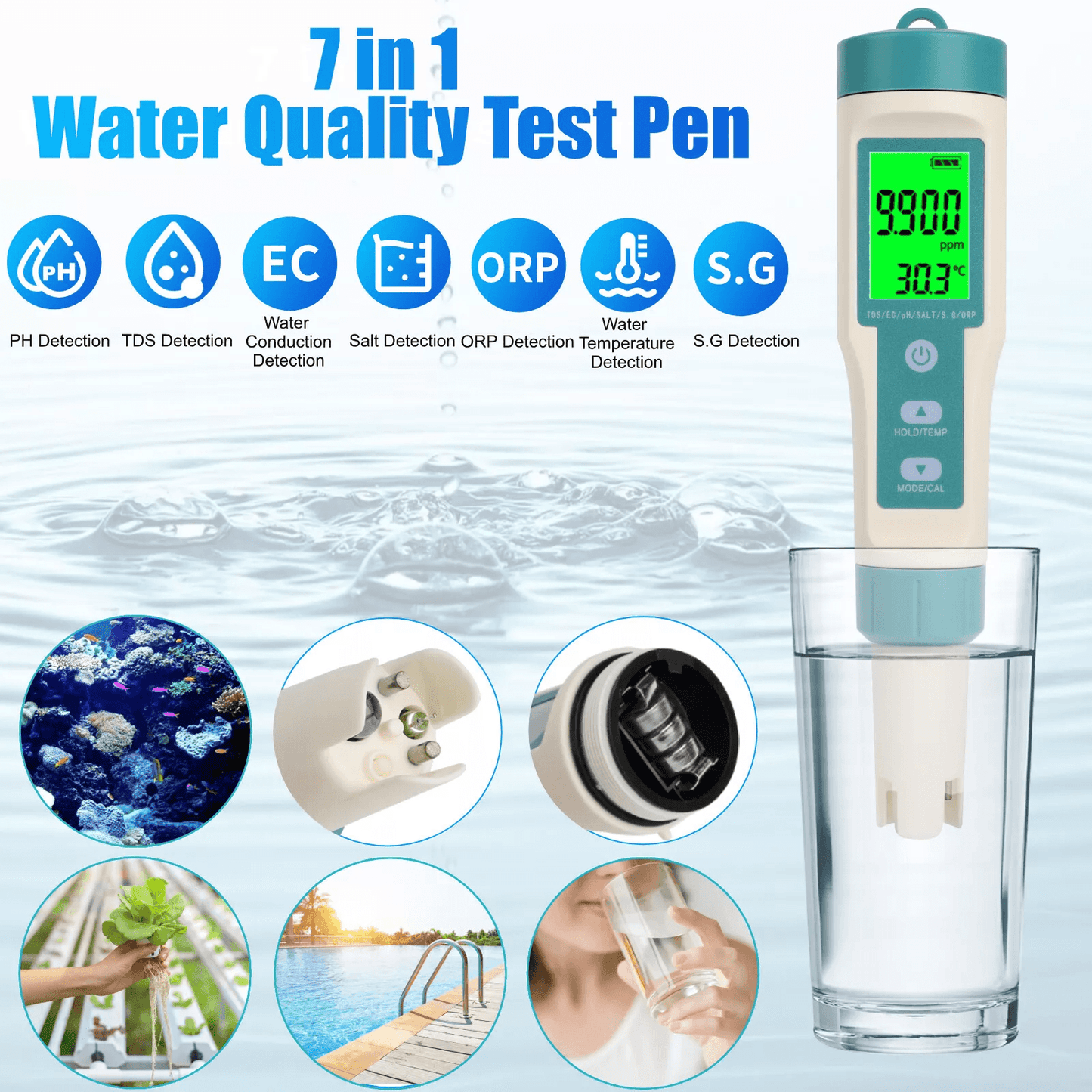 Digital Water Quality Tester Pen PH TDS EC ORP Temp SG Salinity Meter
