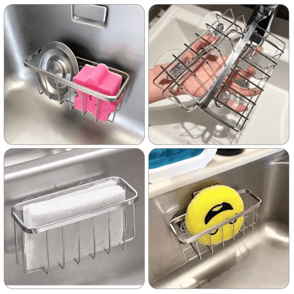 Stainless Steel Sink Caddy With Suction Cups Sponge Holder  Soap Storage Drain Rack Organizer 1