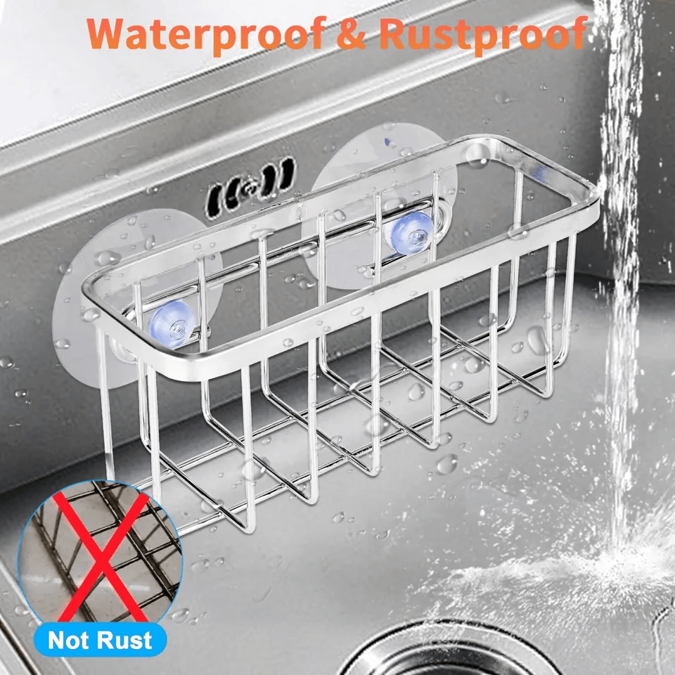 Stainless Steel Sink Caddy With Suction Cups Sponge Holder  Soap Storage Drain Rack Organizer 2